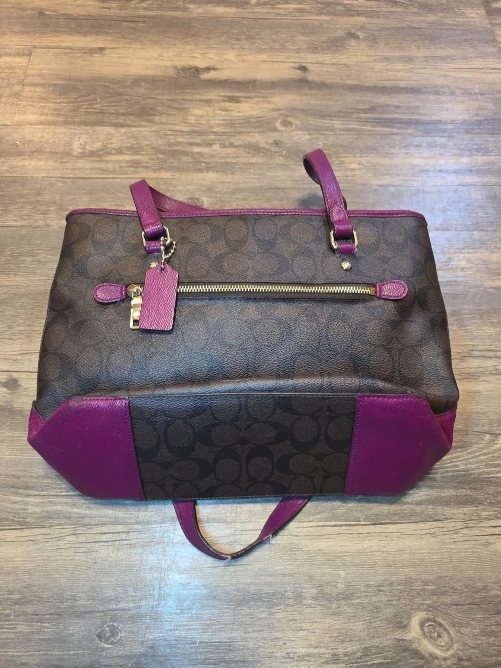 Coach Brown Signature Tote with Plum Trim